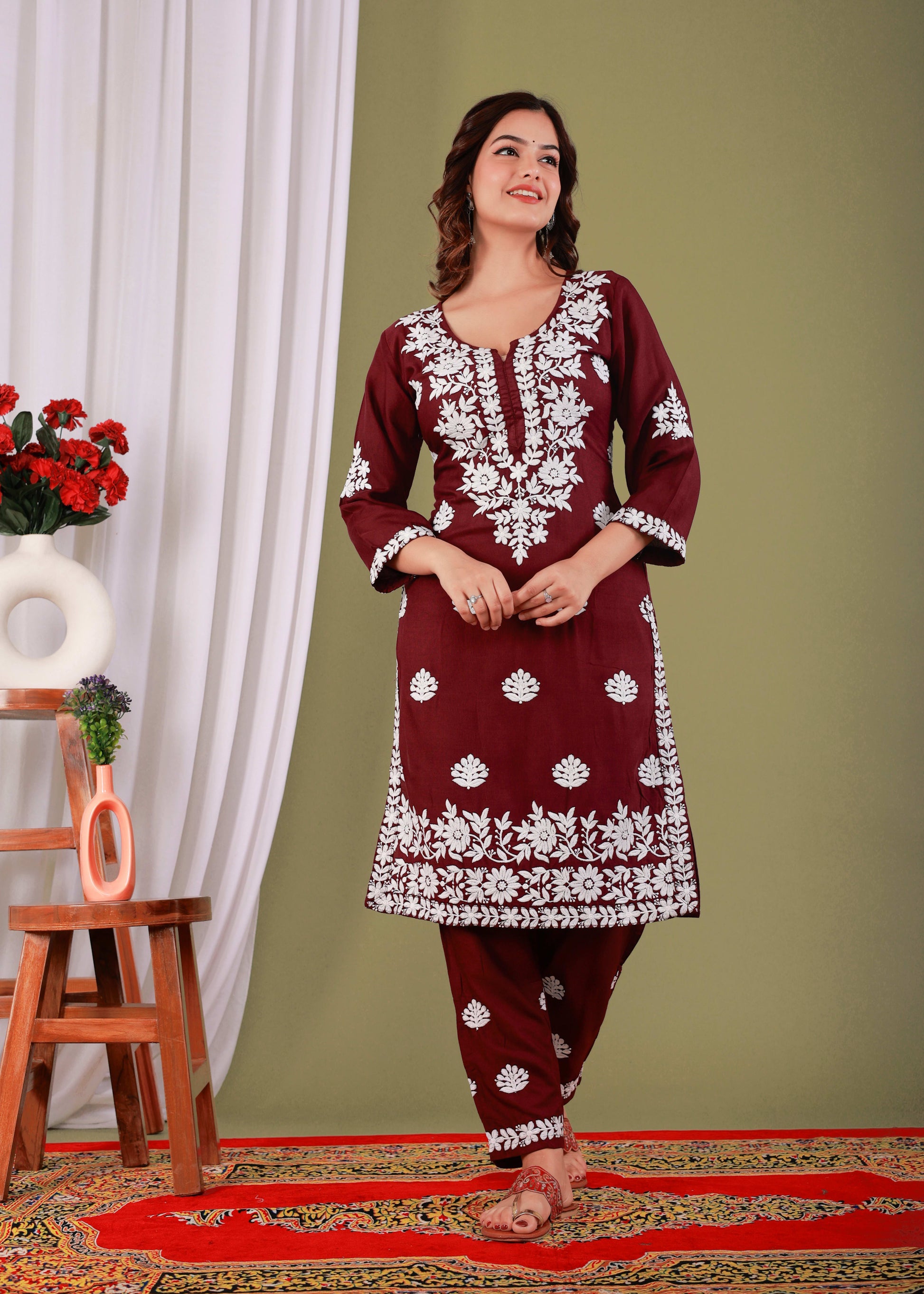 Wine Exclusive Modal Kurti With The Plazzo Chikankari Fabric For Women