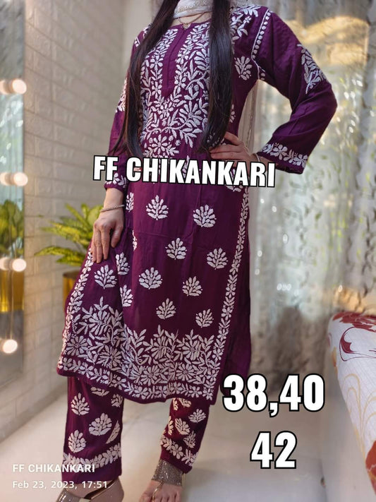 WINE Women Embroidery Chikankari Kurti Plazzo set