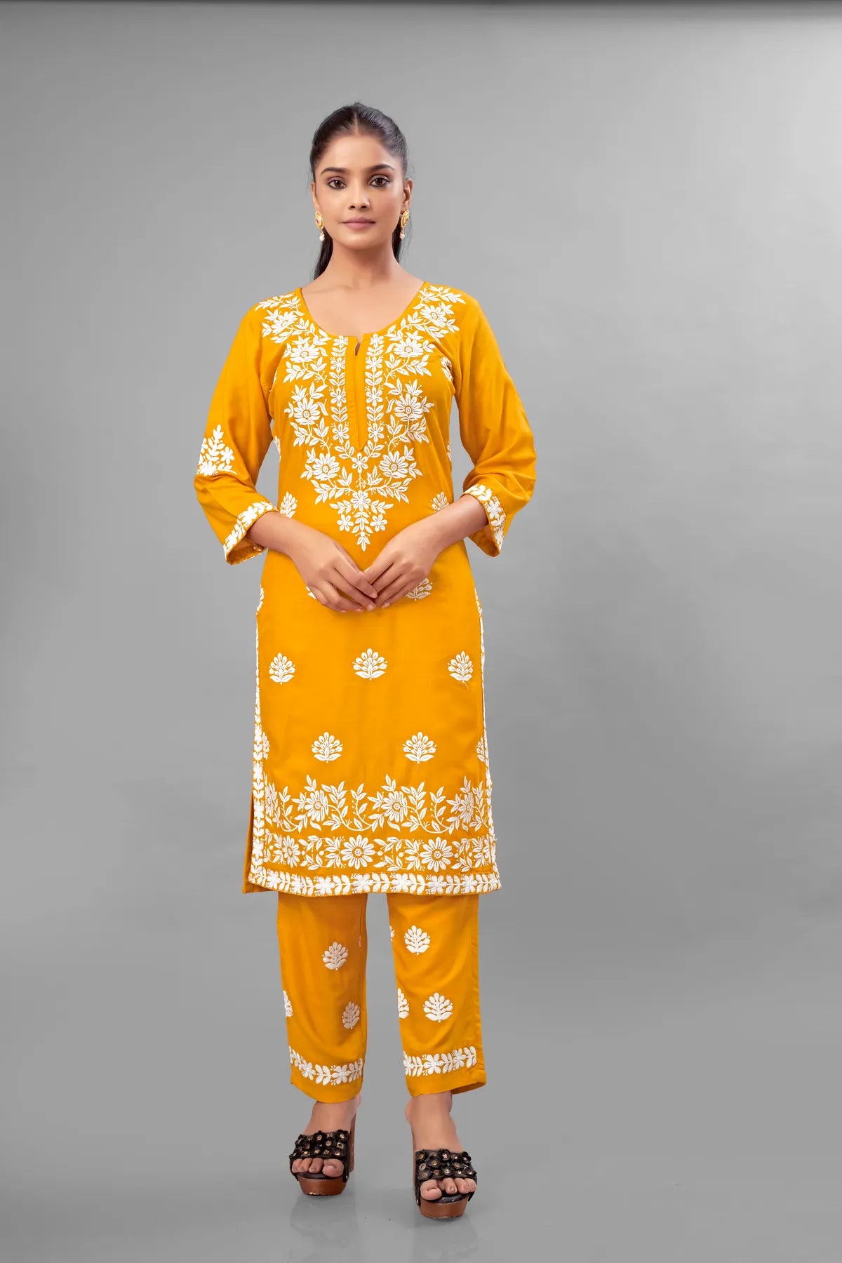 Yellow Partywear Chikankari Straight Kurta Palazzo Set Readymade For Women