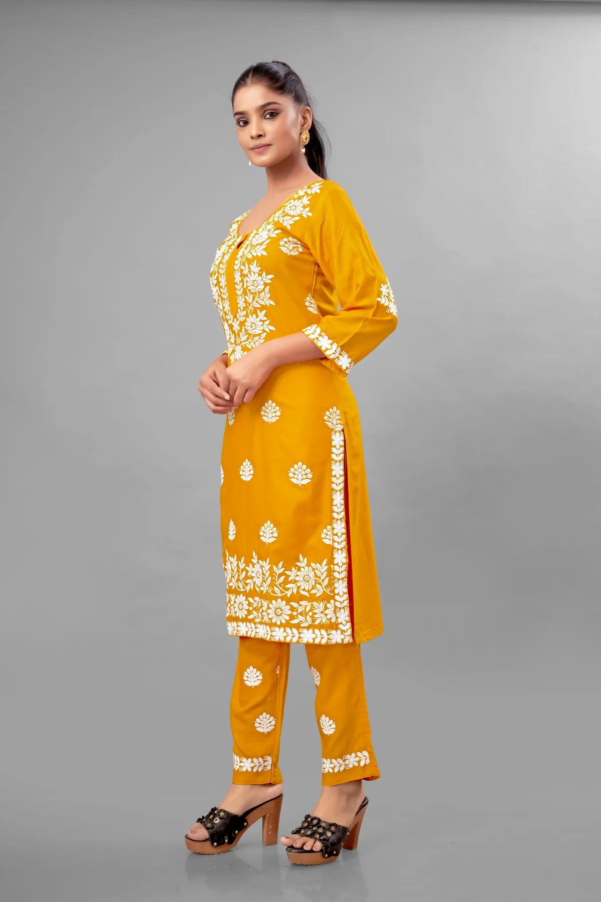 Yellow Partywear Chikankari Straight Kurta Palazzo Set Readymade For Women