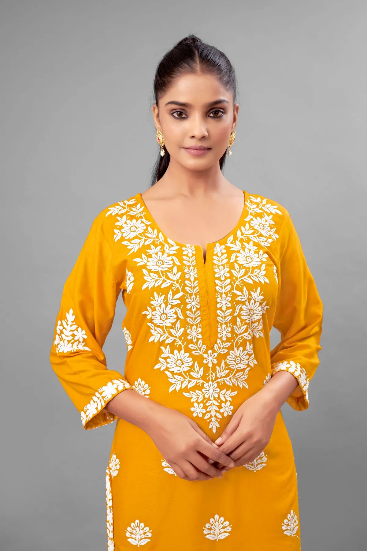 Yellow Partywear Chikankari Straight Kurta Palazzo Set Readymade For Women