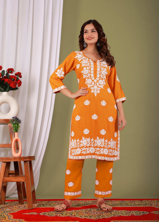 Yellow Exclusive Modal Kurti With The Plazzo Chikankari Fabric For Women