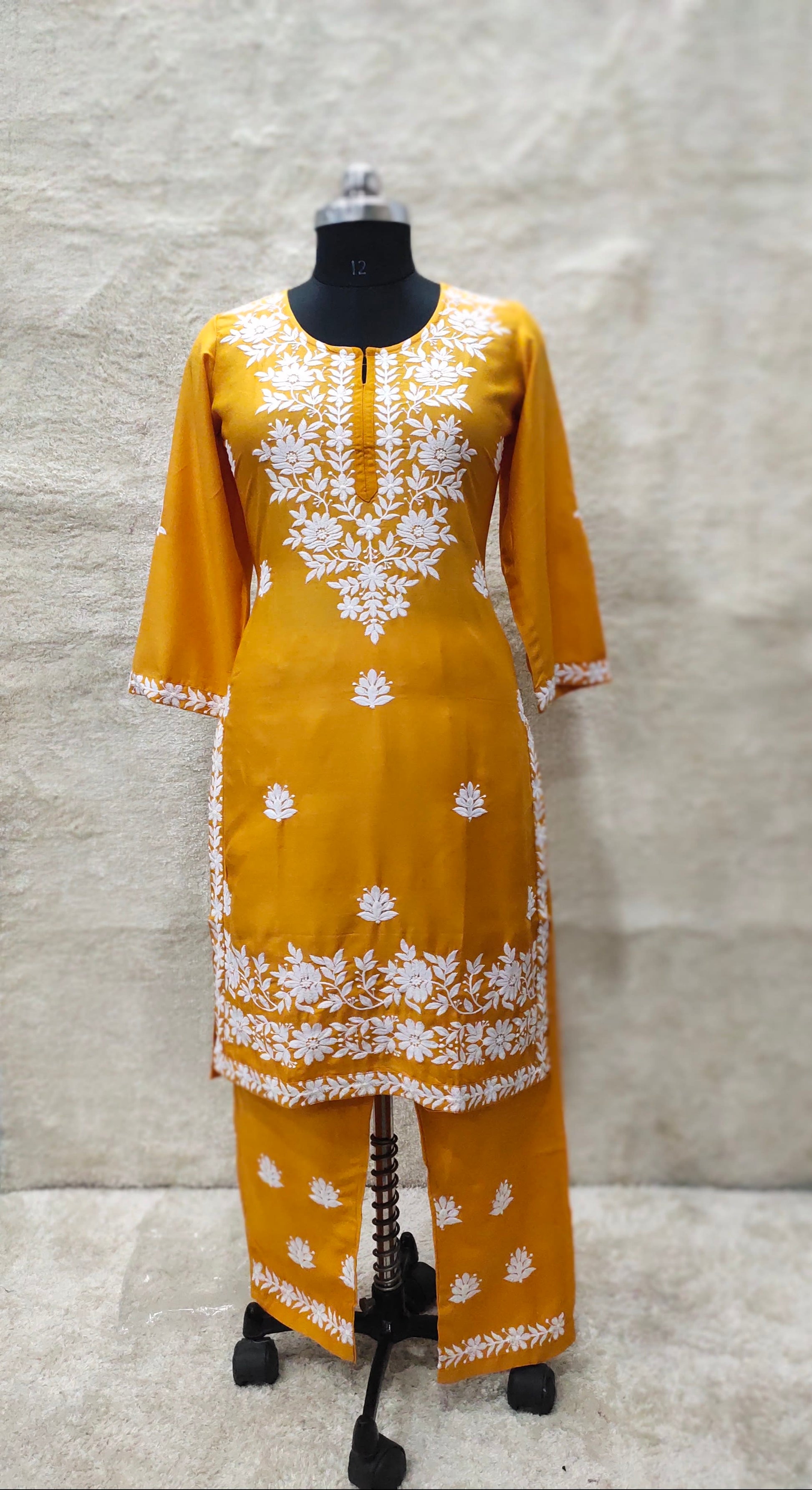 YELLOW Women Embroidery Chikankari Kurti Plazzo set