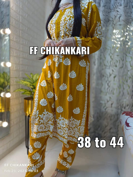 YELLOW Women Embroidery Chikankari Kurti Plazzo set