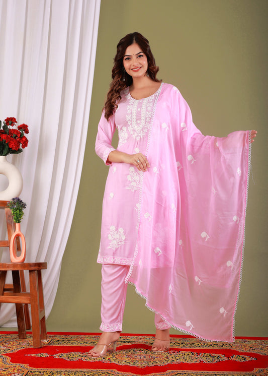 Baby Pink Rayon Embroidered Kurta, Pant With Dupatta Set For Women