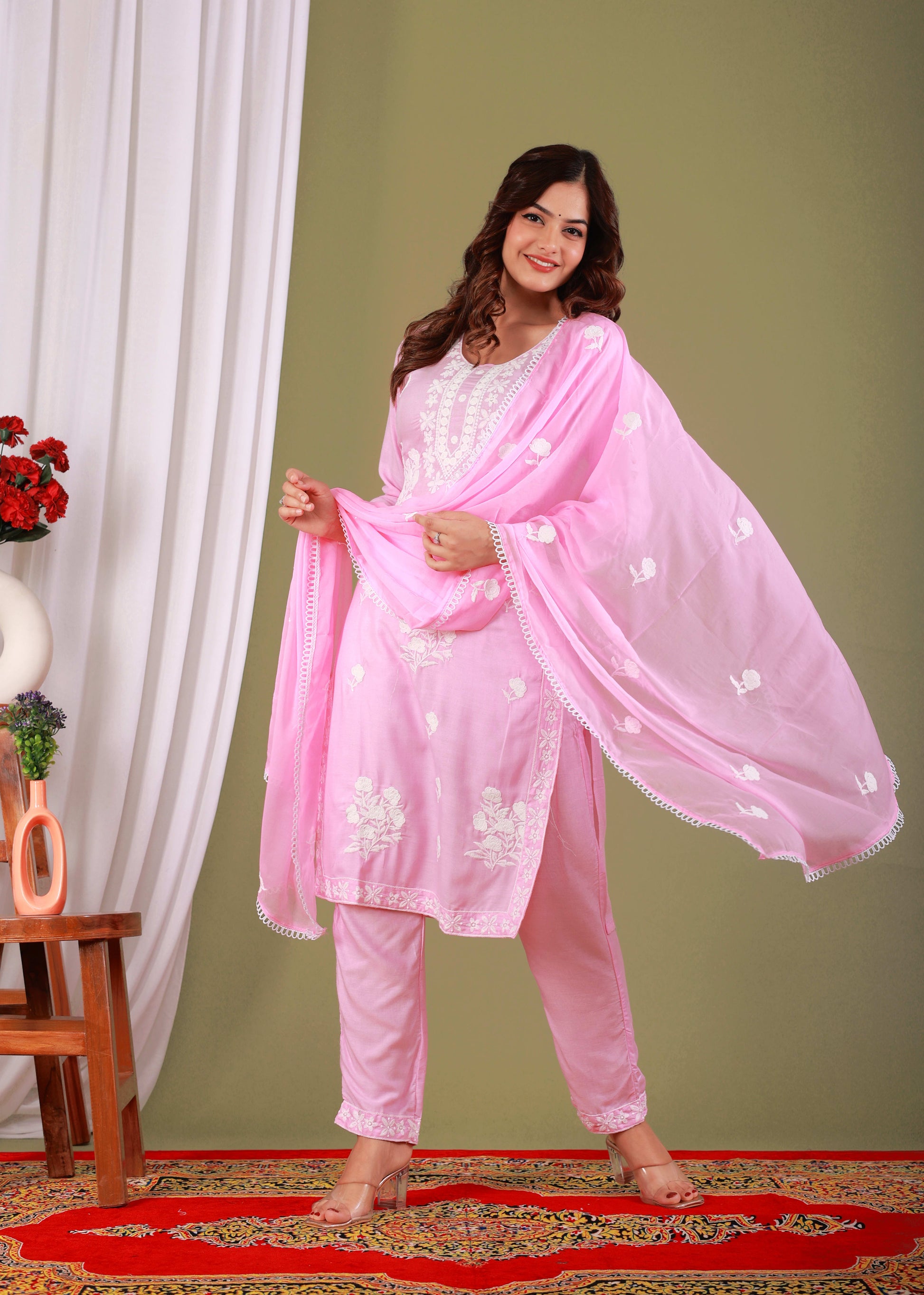 Baby Pink Rayon Embroidered Kurta, Pant With Dupatta Set For Women