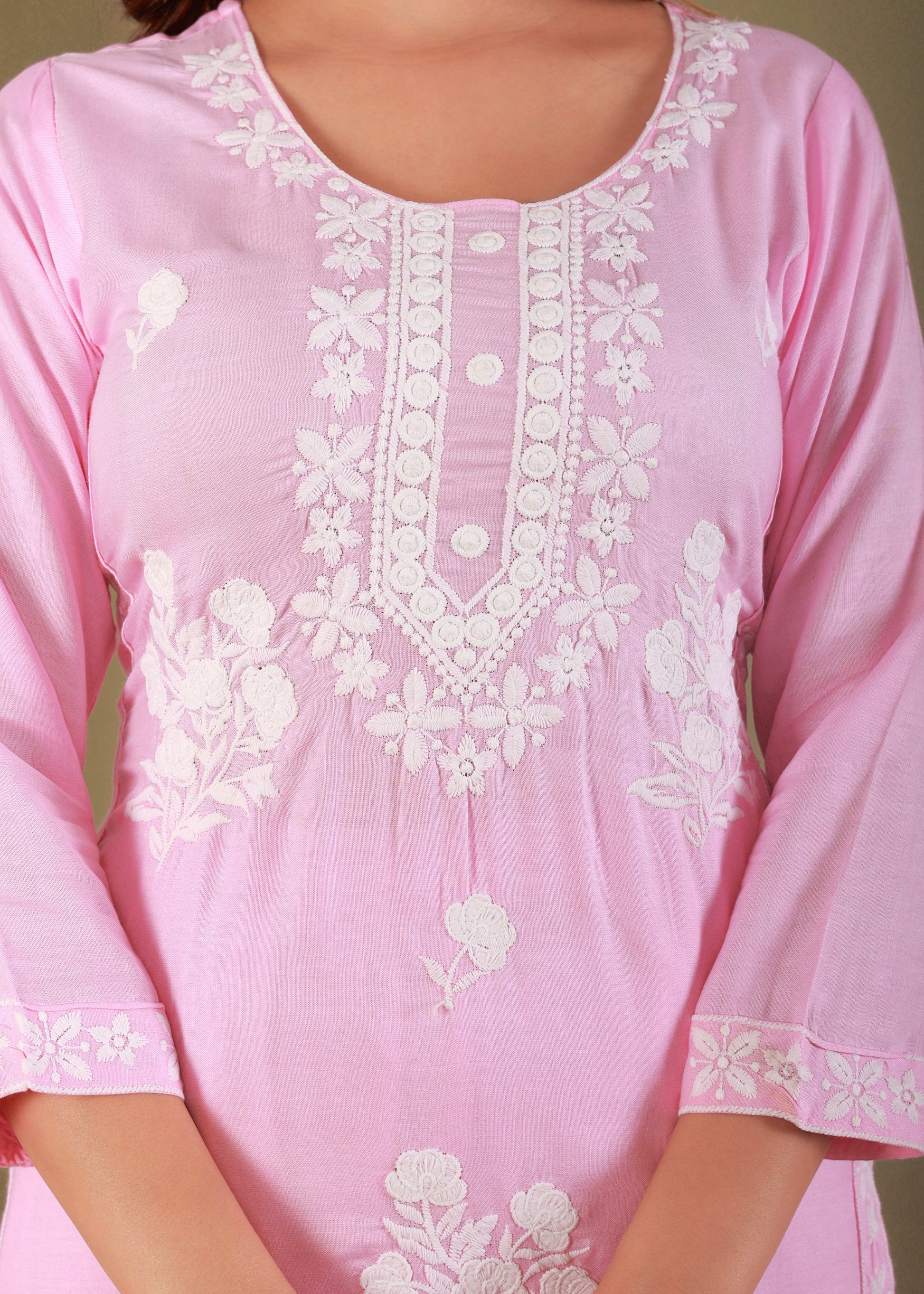 Baby Pink Rayon Embroidered Kurta, Pant With Dupatta Set For Women