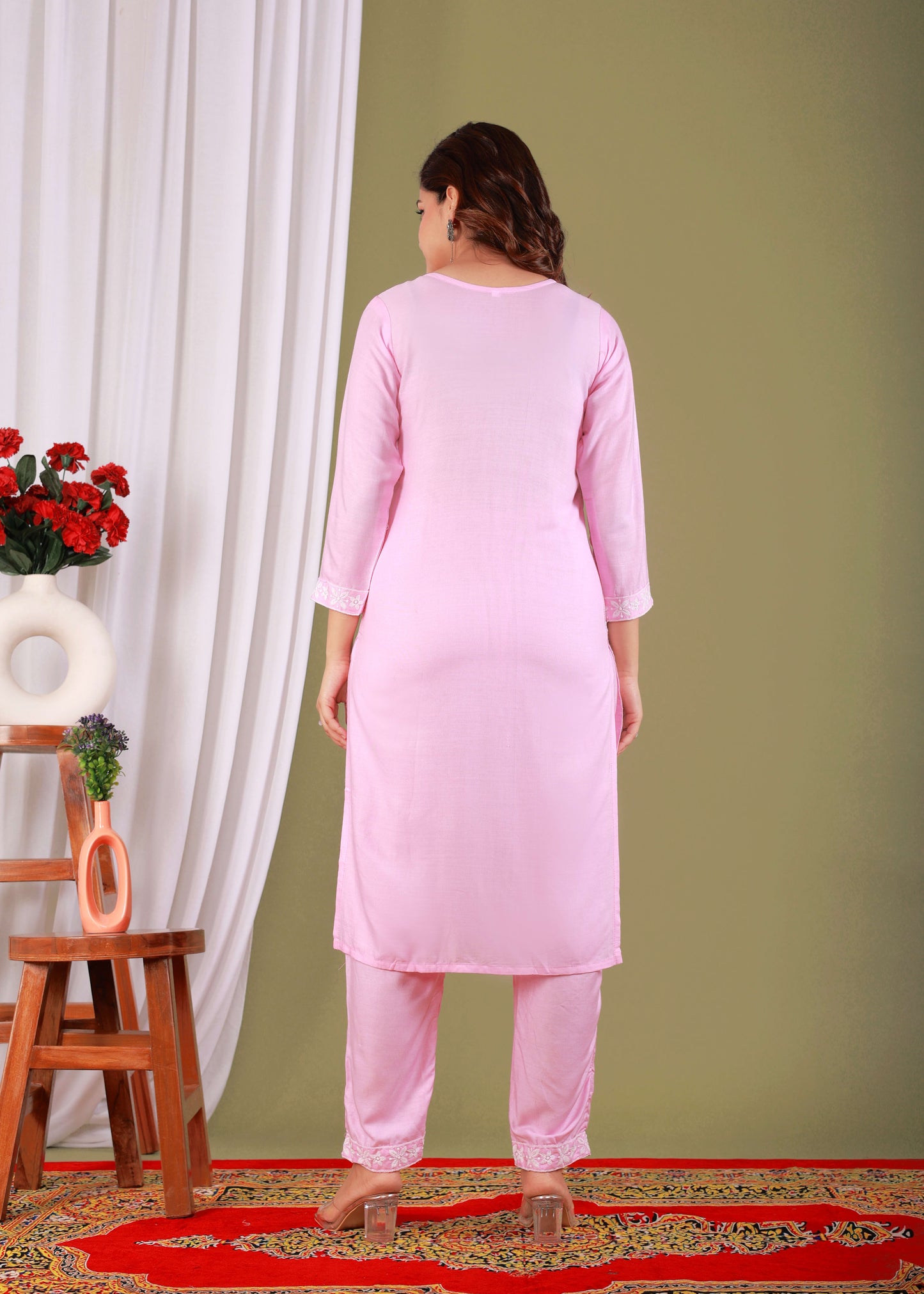 Baby Pink Rayon Embroidered Kurta, Pant With Dupatta Set For Women