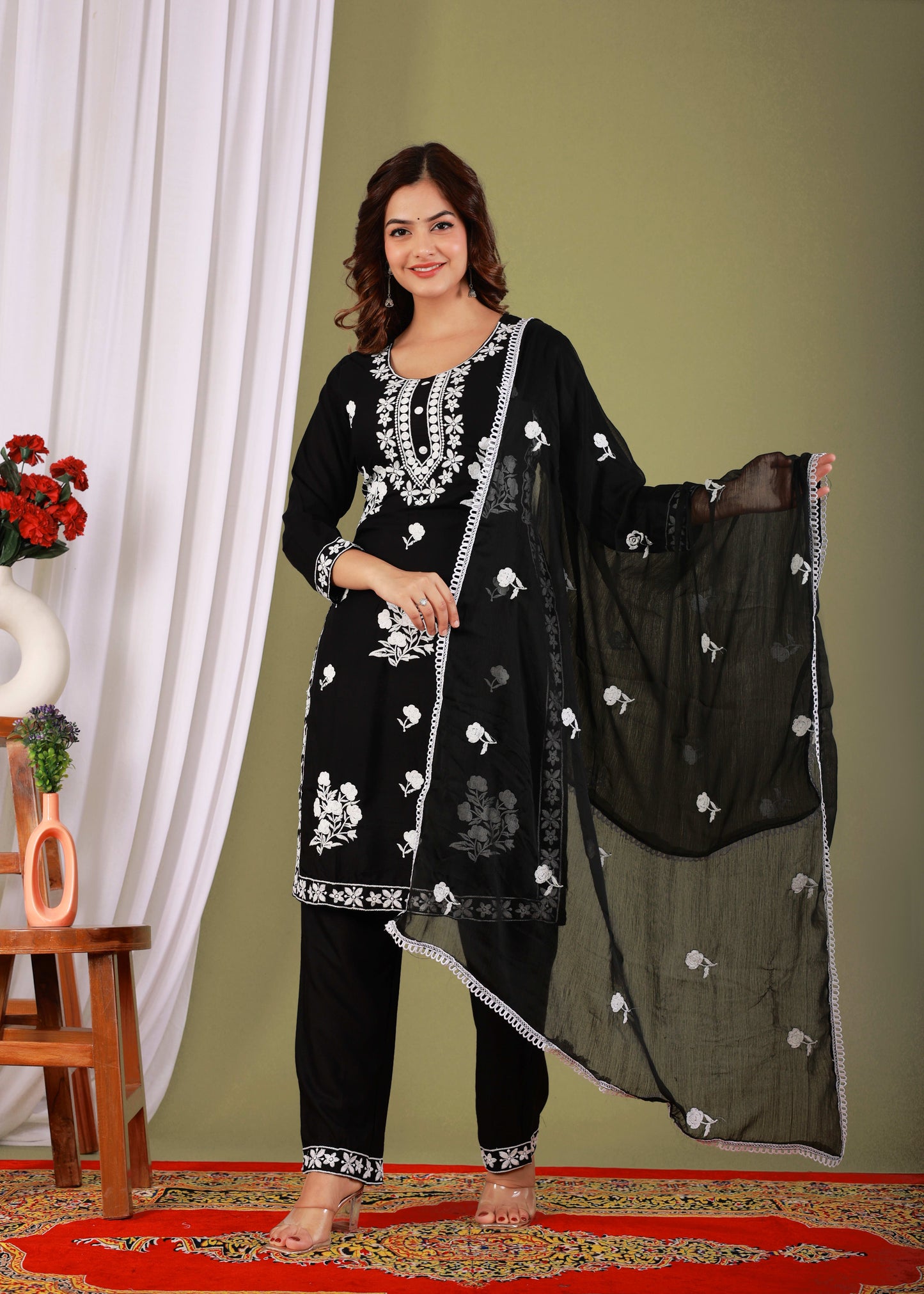 Black Rayon Embroidered Kurta, Pant With Dupatta Set For Women
