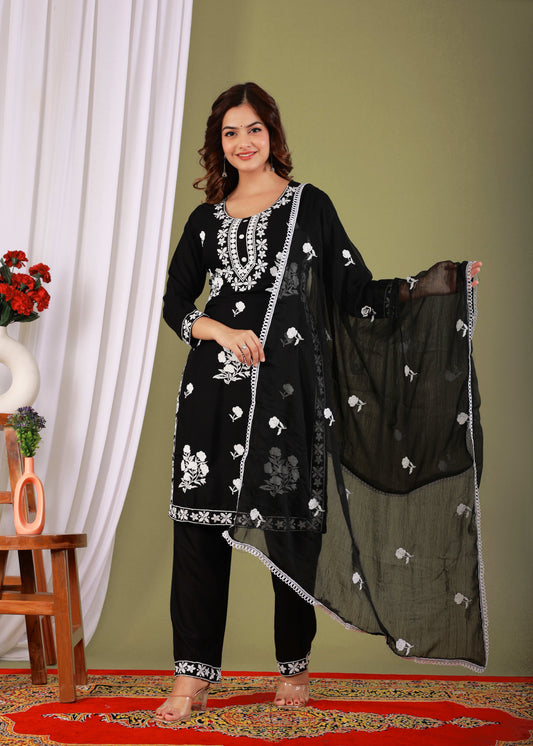Black Rayon Embroidered Kurta, Pant With Dupatta Set For Women