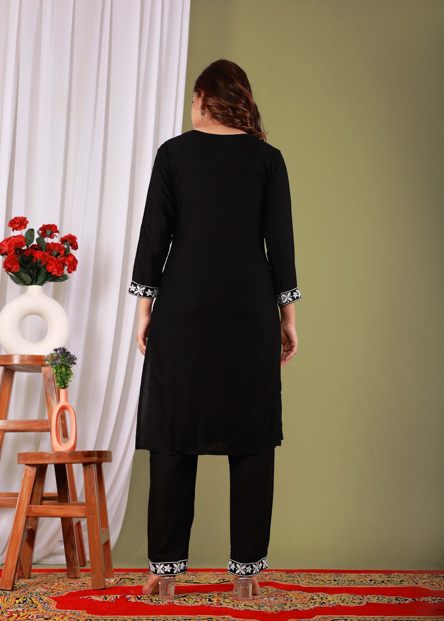 Black Rayon Embroidered Kurta, Pant With Dupatta Set For Women