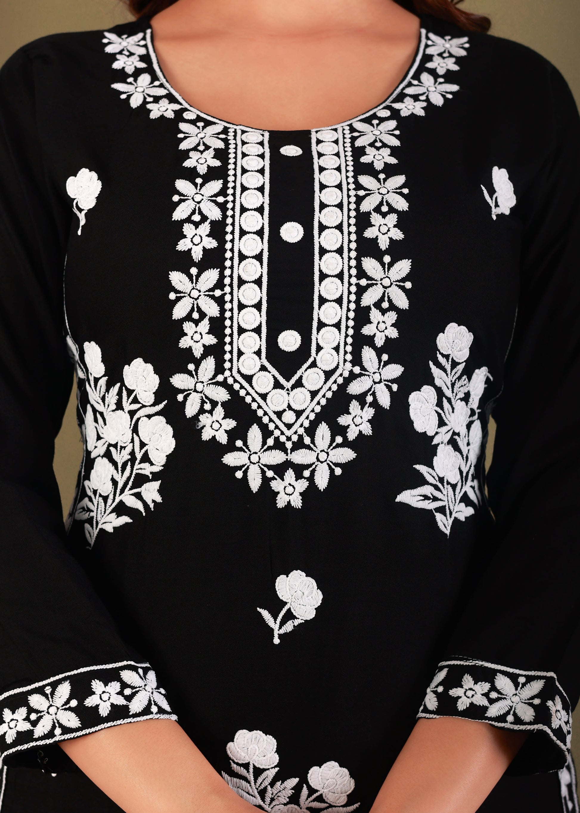 Black Rayon Embroidered Kurta, Pant With Dupatta Set For Women