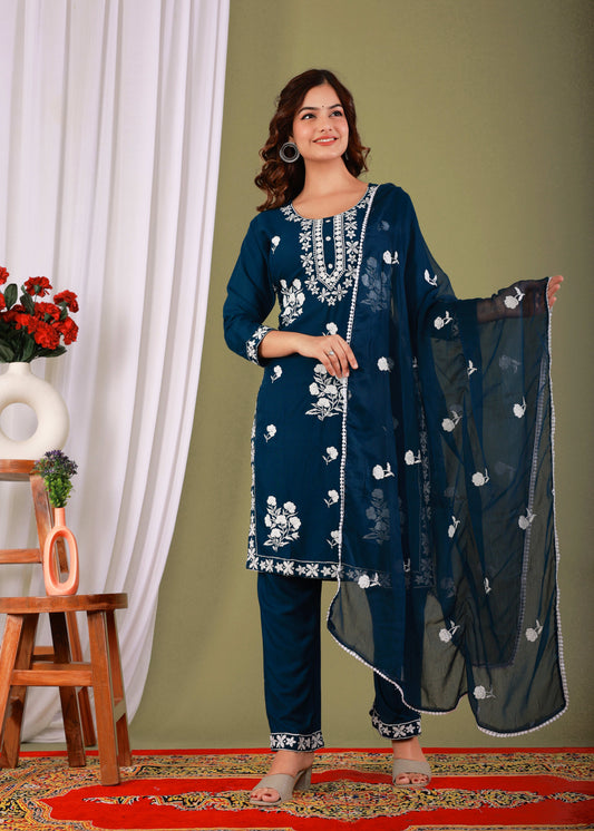 Dark Blue Rayon Embroidered Kurta, Pant With Dupatta Set For Women