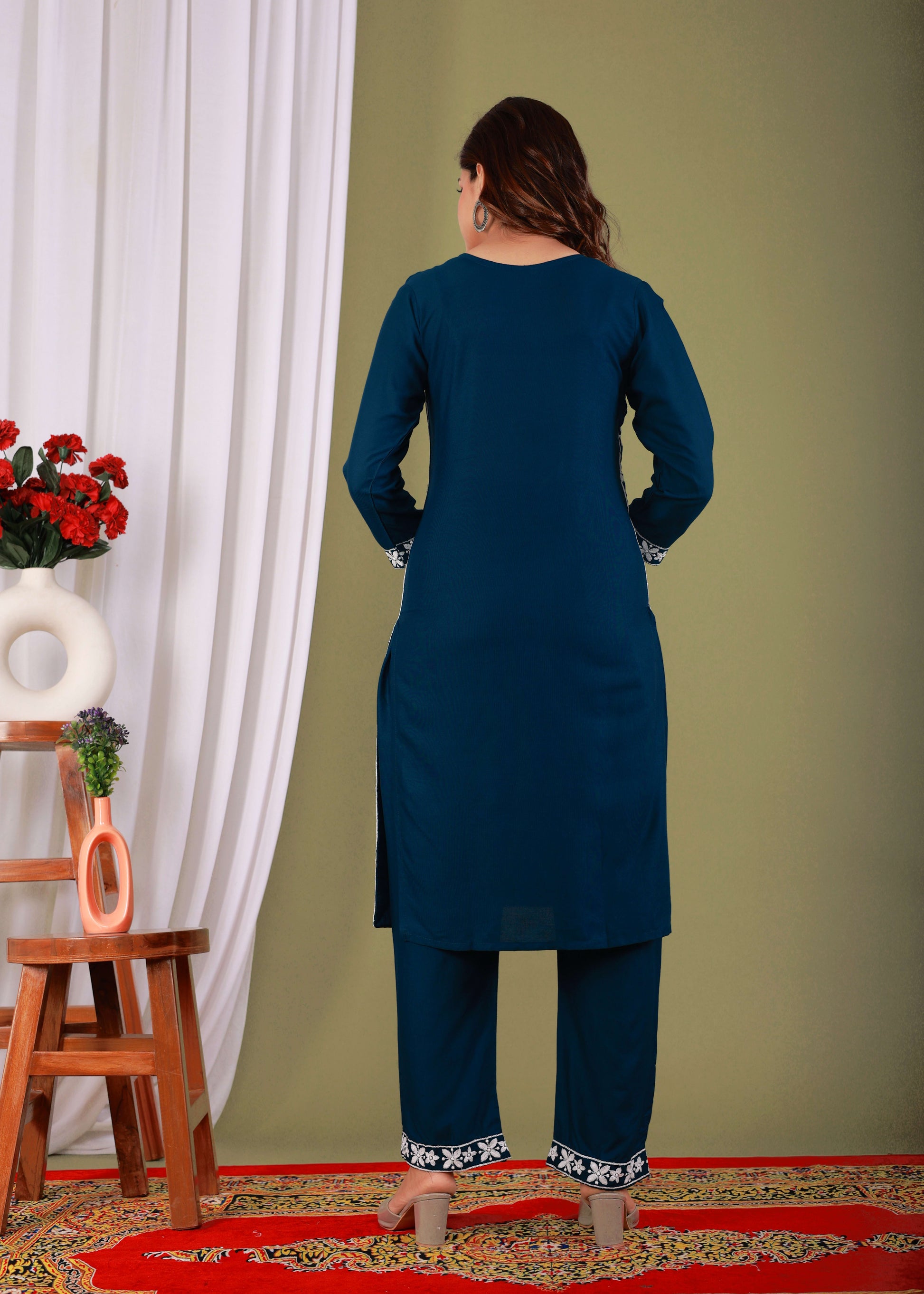 Dark Blue Rayon Embroidered Kurta, Pant With Dupatta Set For Women