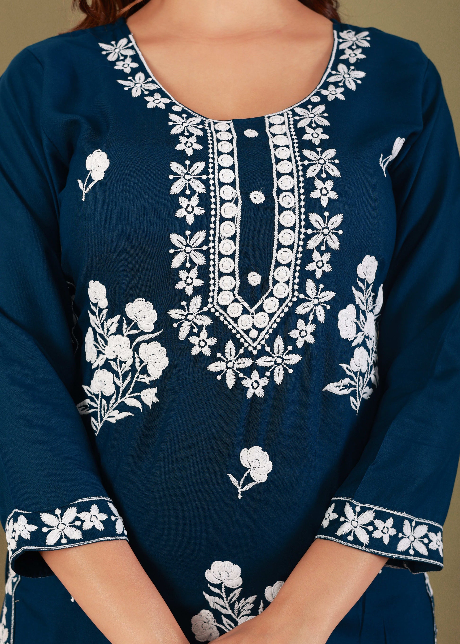 Dark Blue Rayon Embroidered Kurta, Pant With Dupatta Set For Women