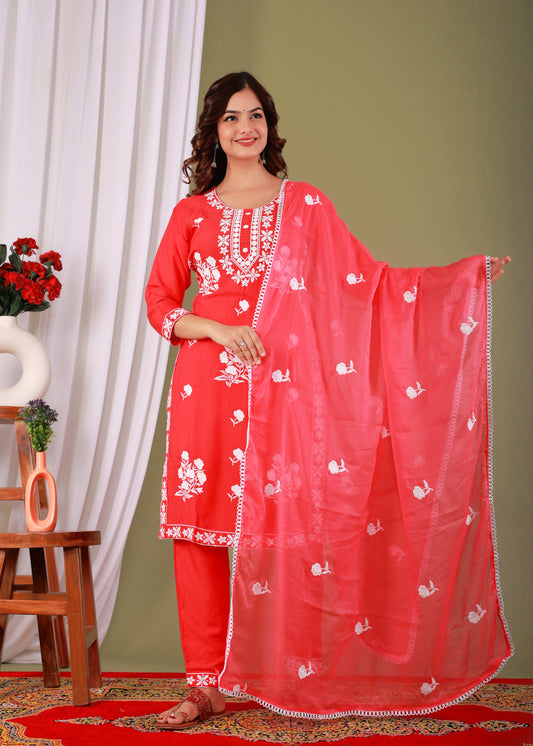 Gajari Rayon Embroidered Kurta, Pant With Dupatta Set For Women