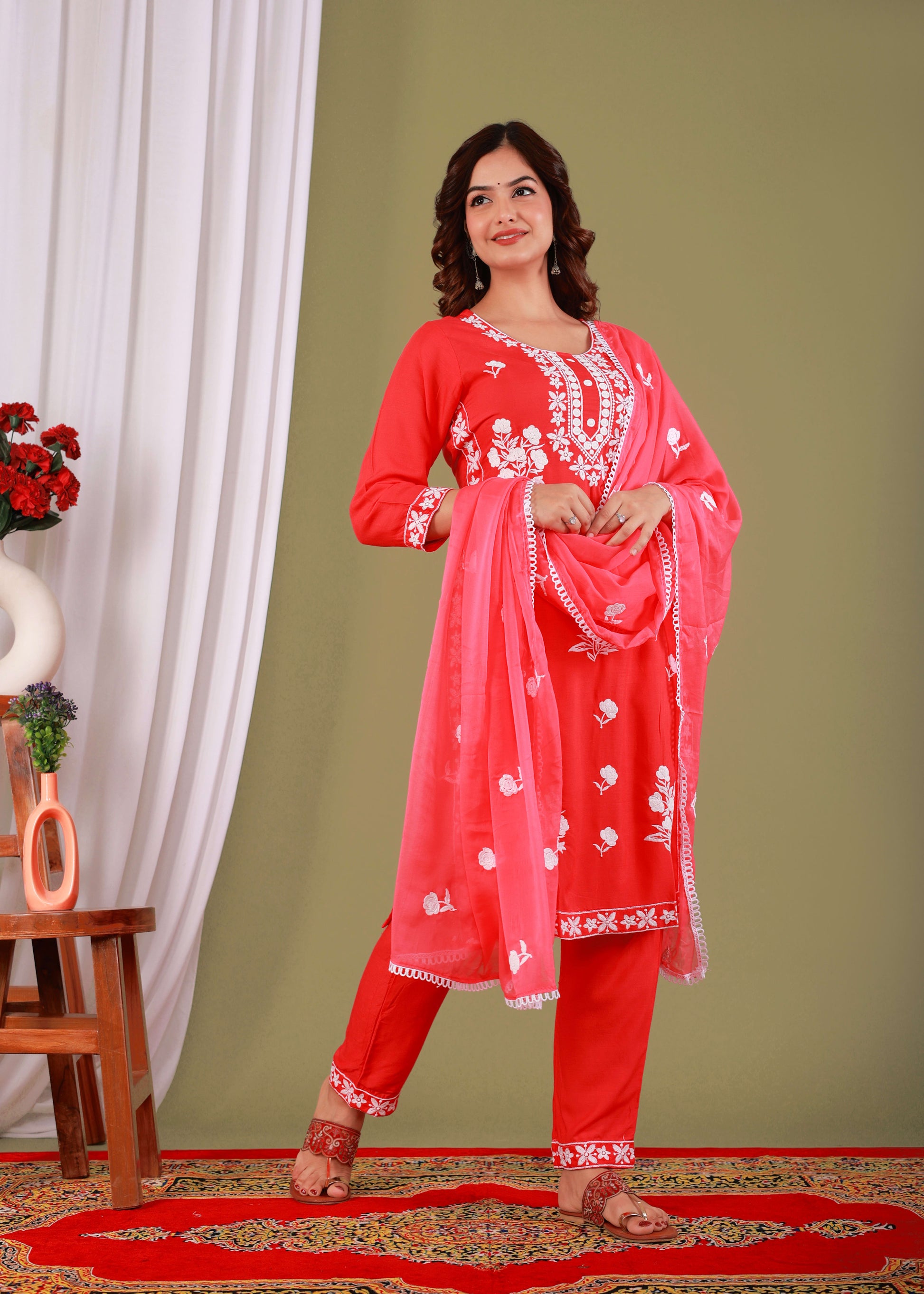 Gajari Rayon Embroidered Kurta, Pant With Dupatta Set For Women