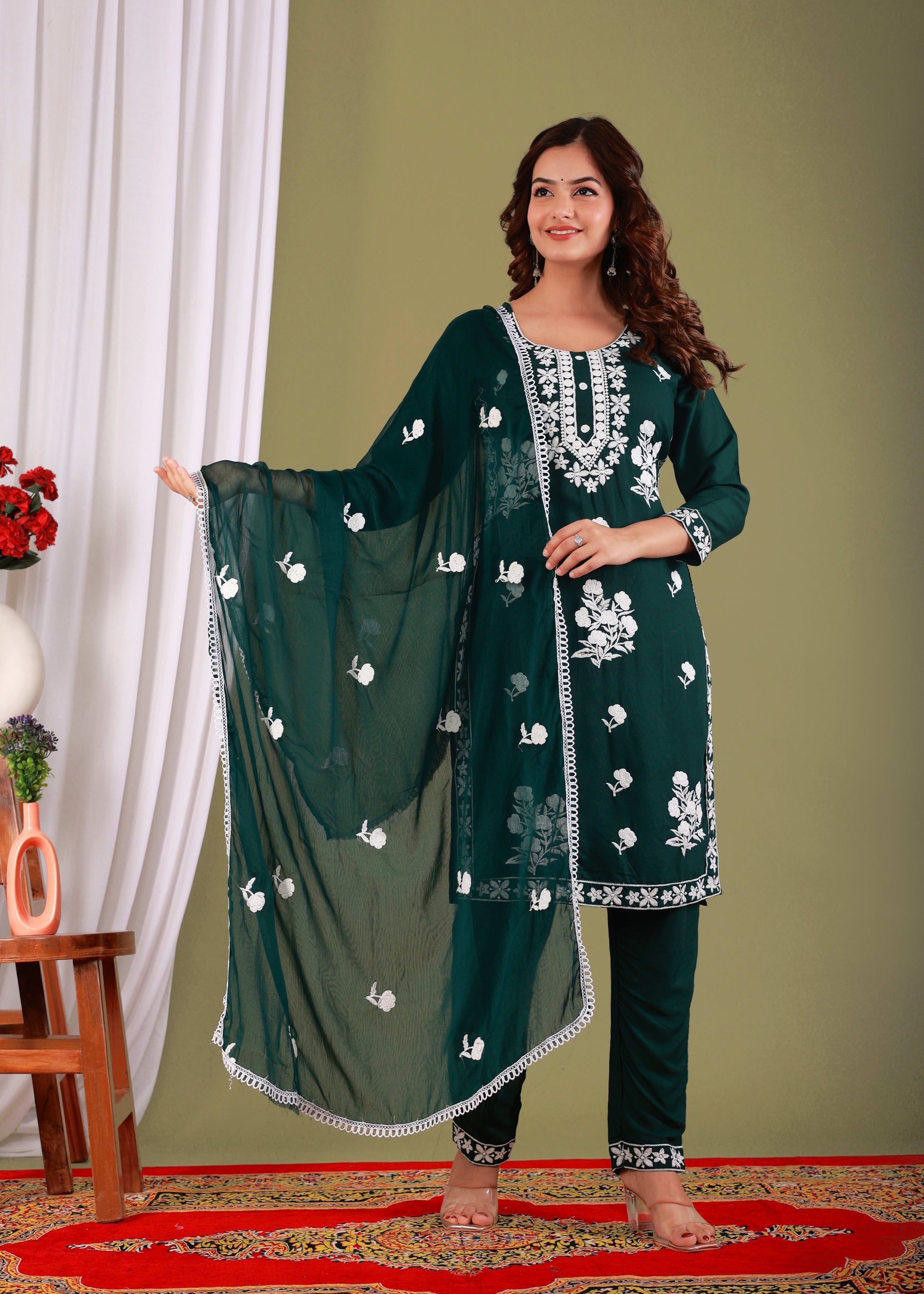 Green Rayon Embroidered Kurta, Pant With Dupatta Set For Women