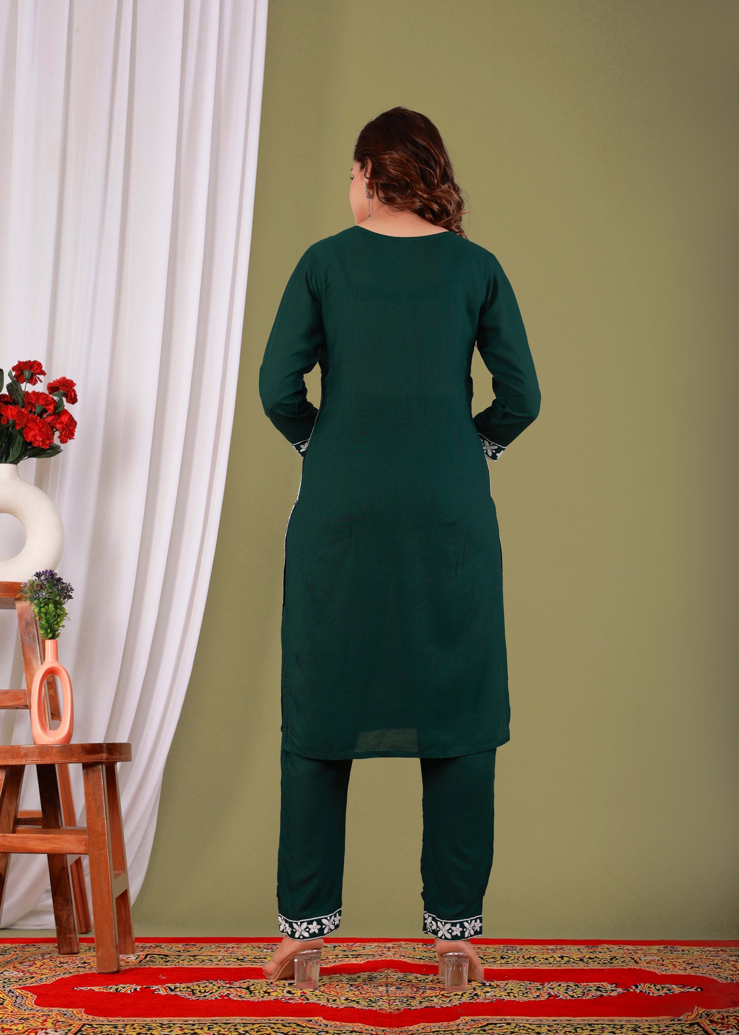 Green Rayon Embroidered Kurta, Pant With Dupatta Set For Women