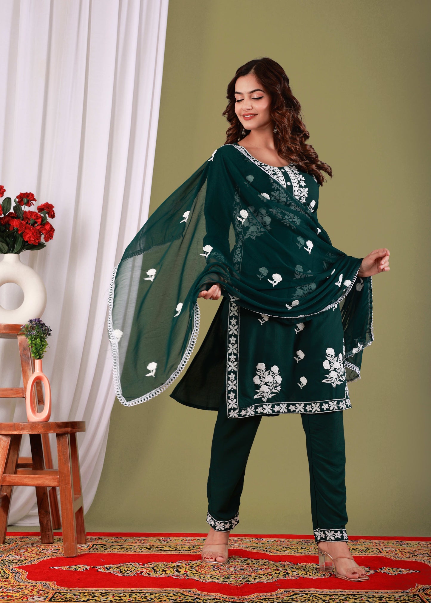 Green Rayon Embroidered Kurta, Pant With Dupatta Set For Women