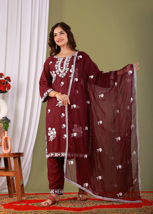 Wine Rayon Embroidered Kurta, Pant With Dupatta Set For Women