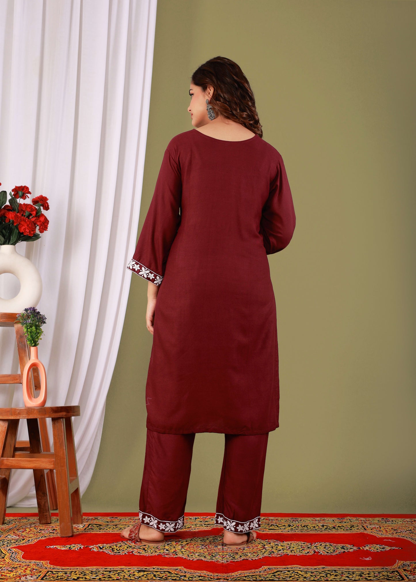Wine Rayon Embroidered Kurta, Pant With Dupatta Set For Women