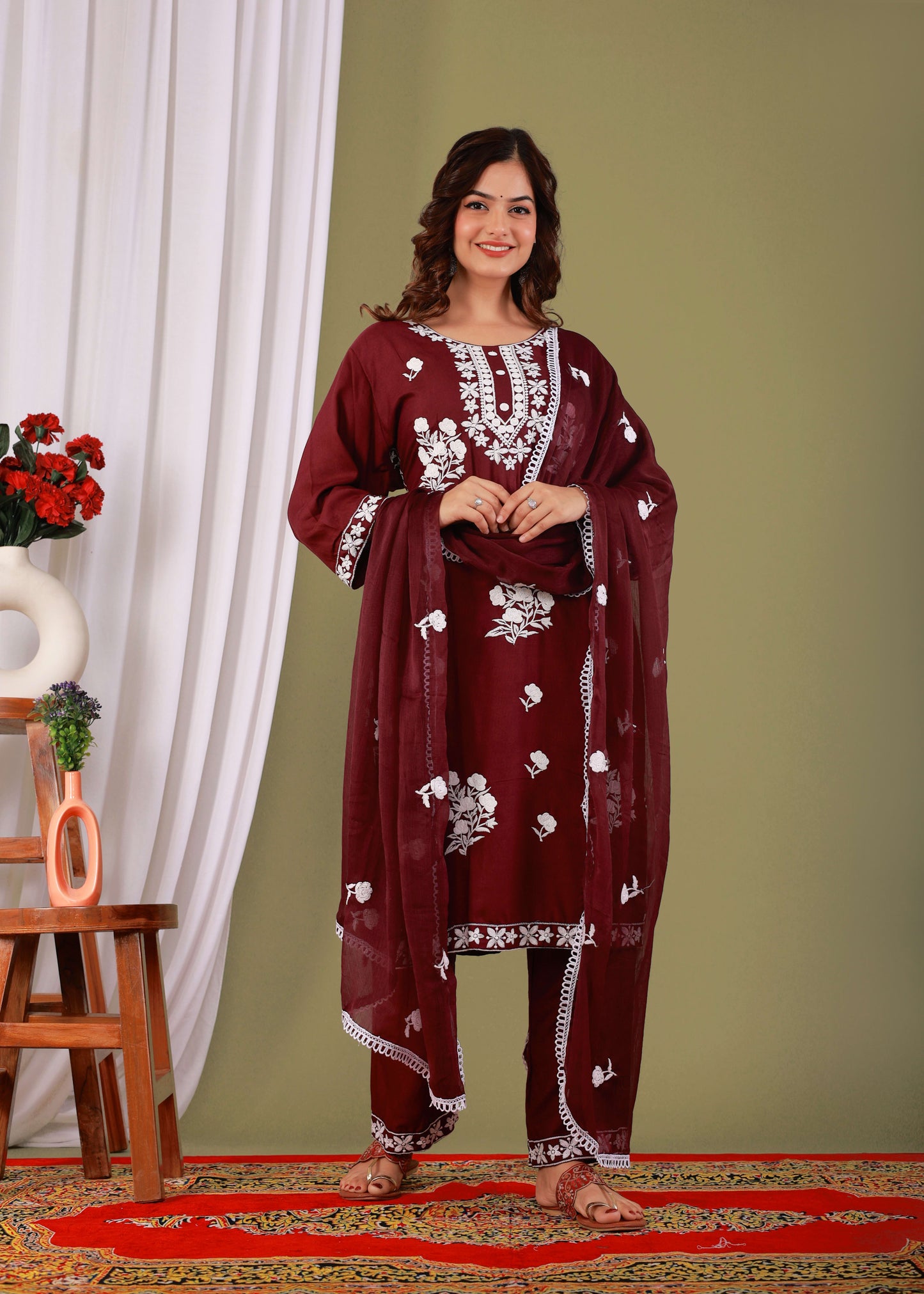 Wine Rayon Embroidered Kurta, Pant With Dupatta Set For Women