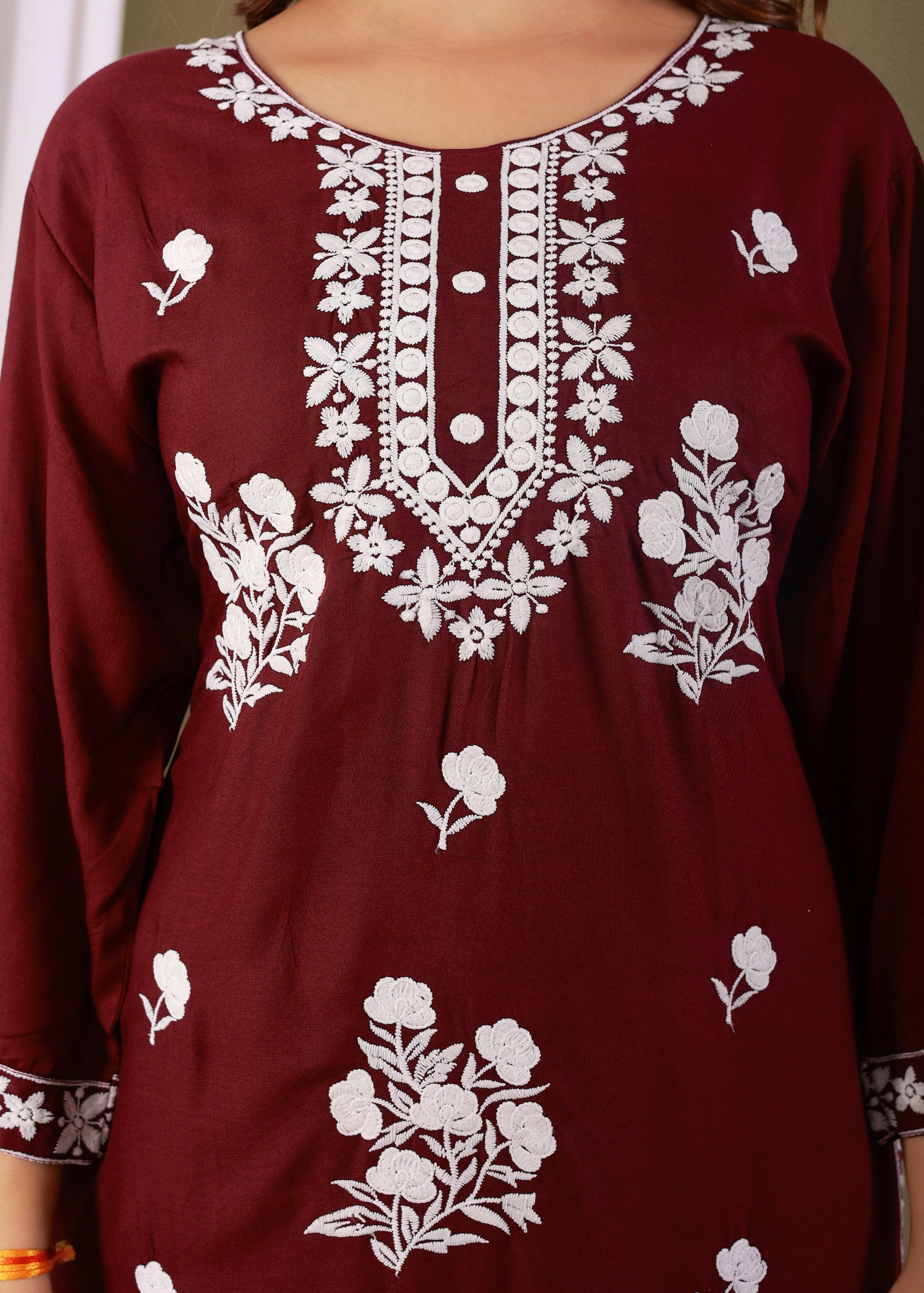 Wine Rayon Embroidered Kurta, Pant With Dupatta Set For Women