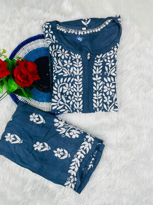 D Blue Rayon Cotton Chikankari Kurta Palazzo Set  For Women