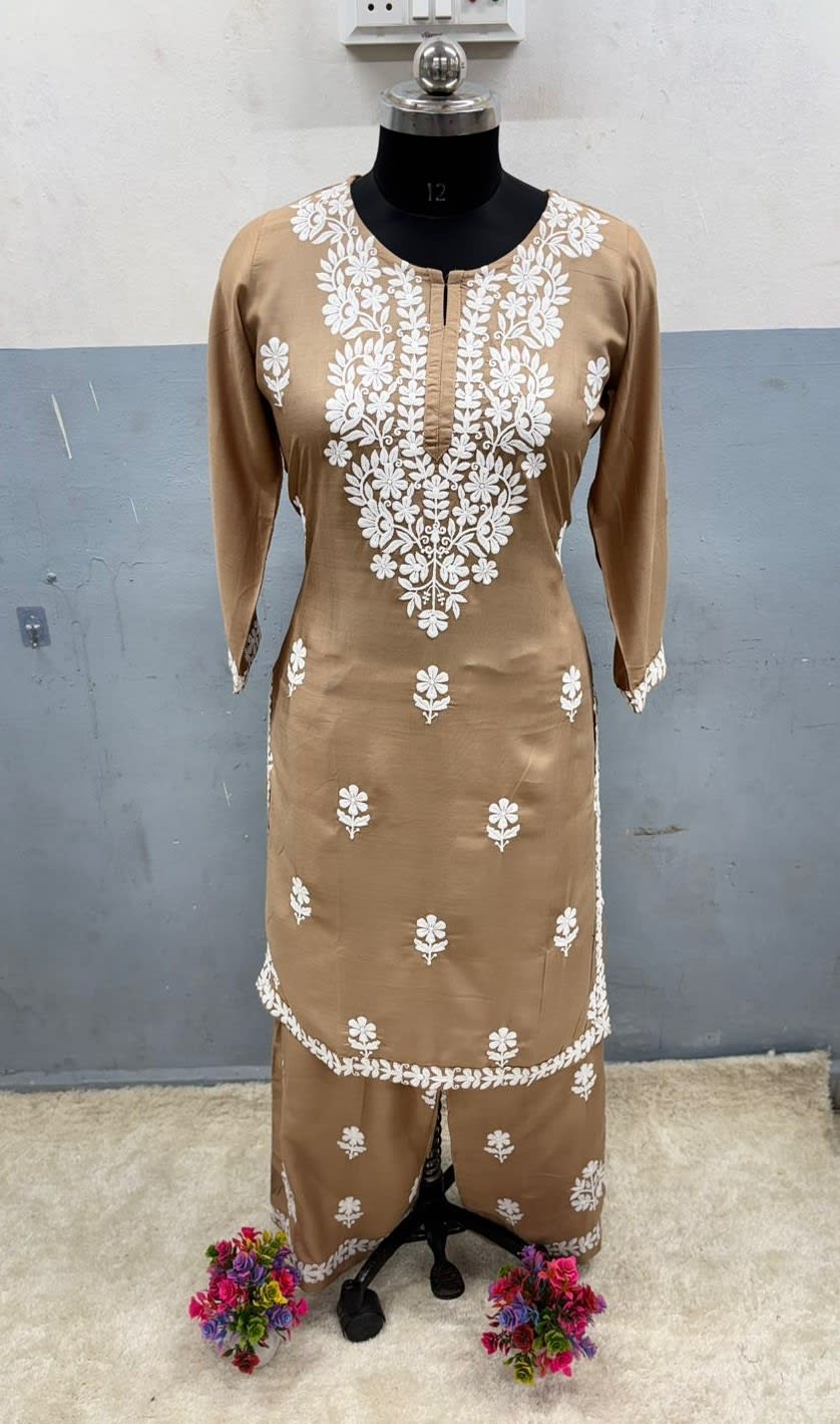 Khakhi Rayon Cotton Chikankari Kurta Palazzo Set  For Women