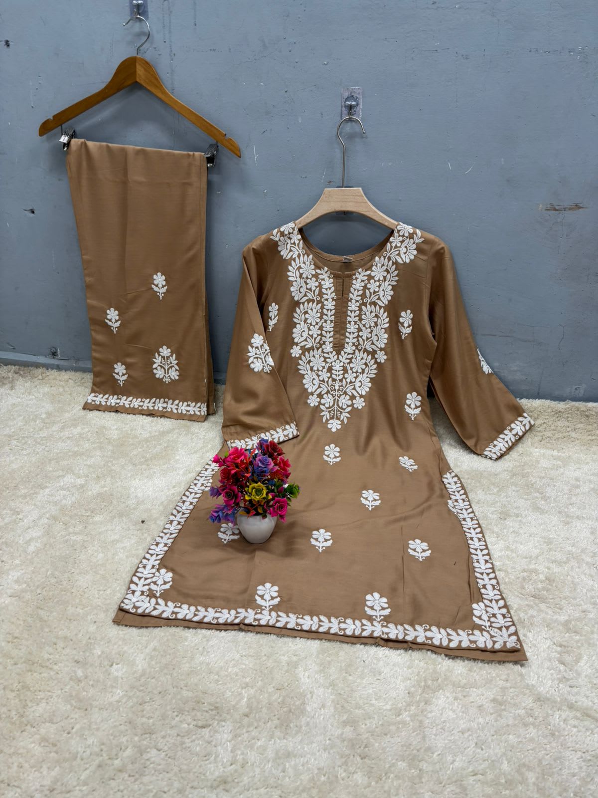 Khakhi Rayon Cotton Chikankari Kurta Palazzo Set  For Women