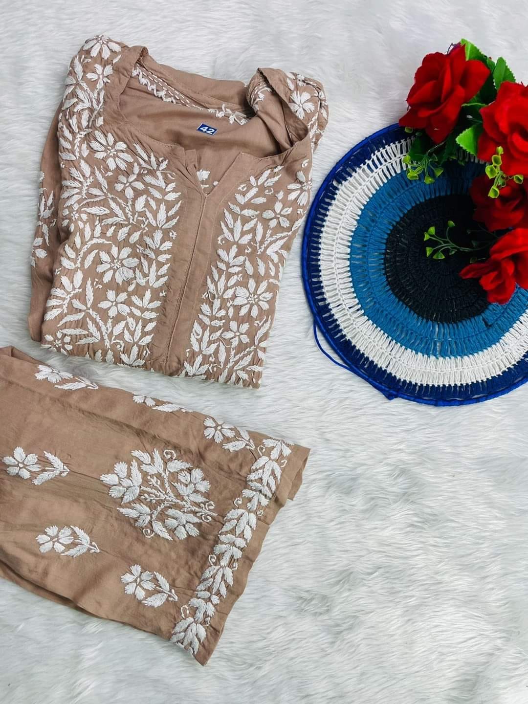 Khakhi Rayon Cotton Chikankari Kurta Palazzo Set  For Women