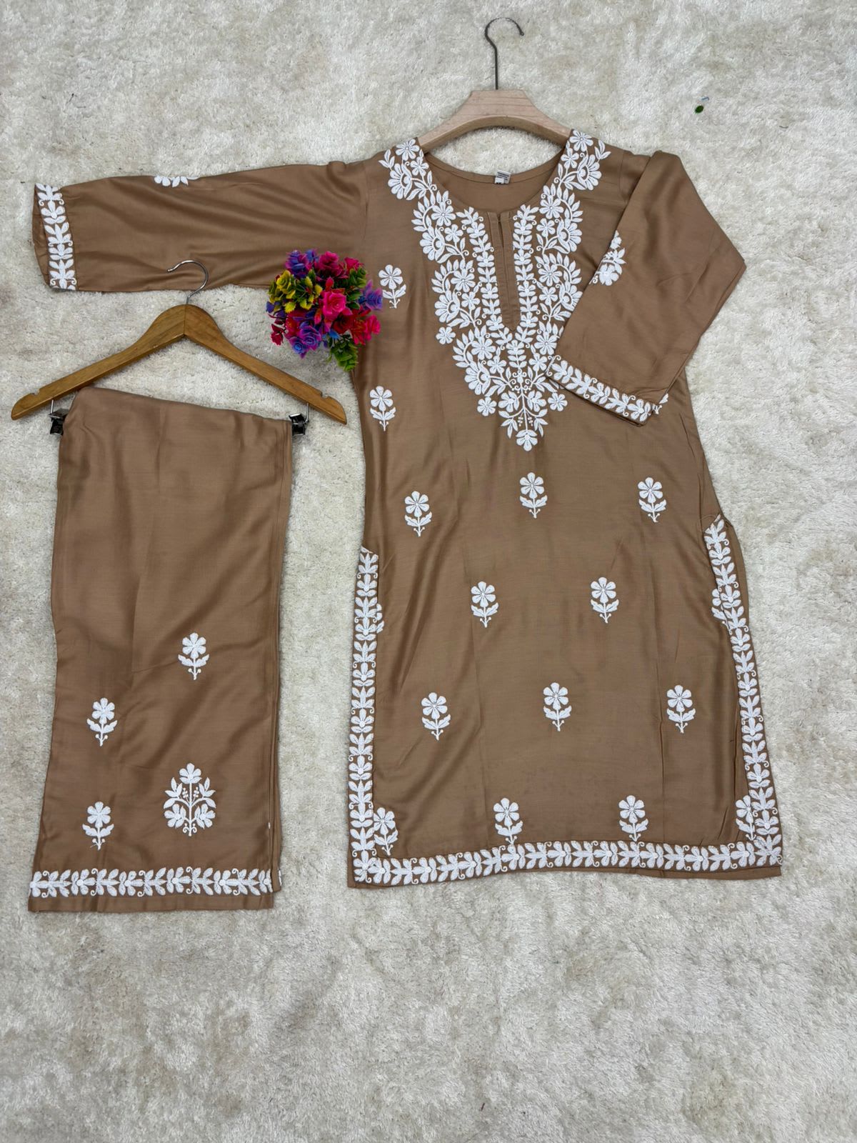 Khakhi Rayon Cotton Chikankari Kurta Palazzo Set  For Women