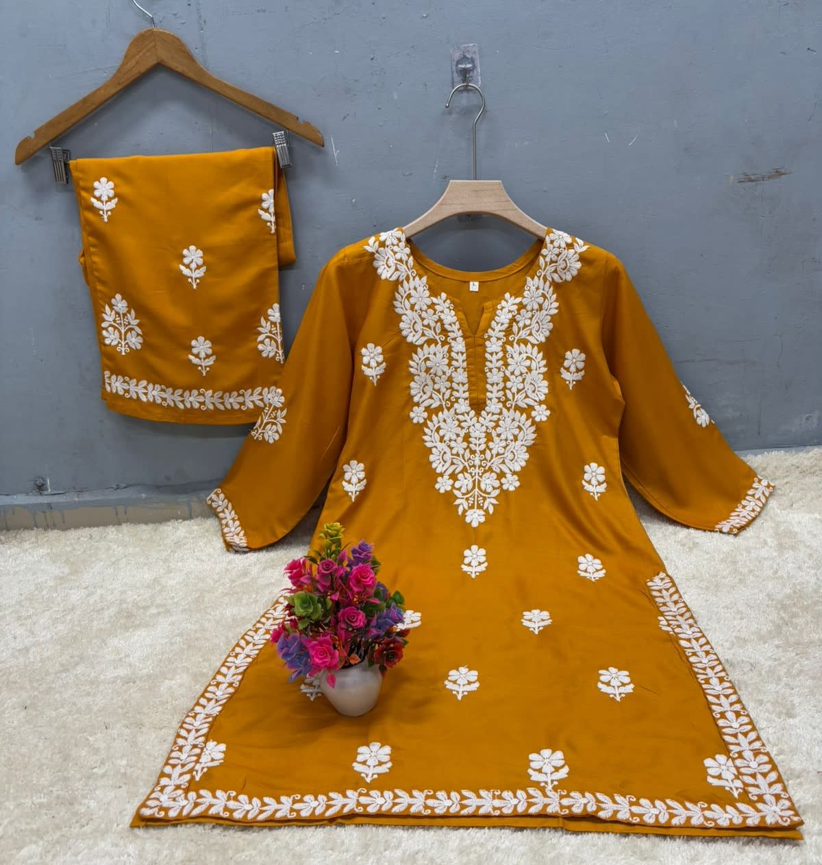 Muster Rayon Cotton Chikankari Kurta Palazzo Set  For Women