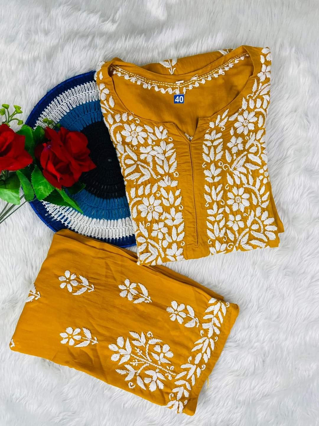 Muster Rayon Cotton Chikankari Kurta Palazzo Set  For Women