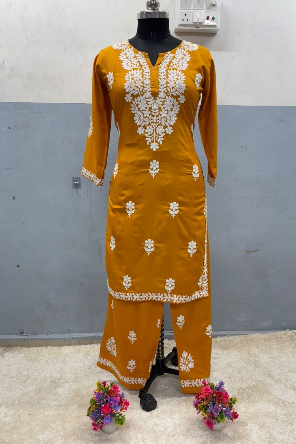 Muster Rayon Cotton Chikankari Kurta Palazzo Set  For Women