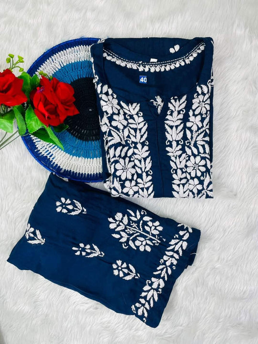Nevy Blue Rayon Cotton Chikankari Kurta Palazzo Set  For Women