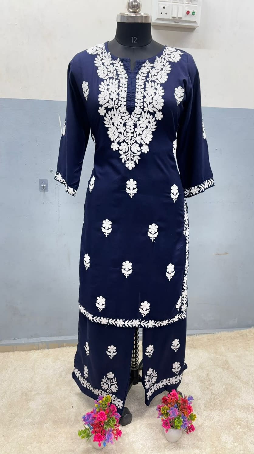 Nevy Blue Rayon Cotton Chikankari Kurta Palazzo Set  For Women