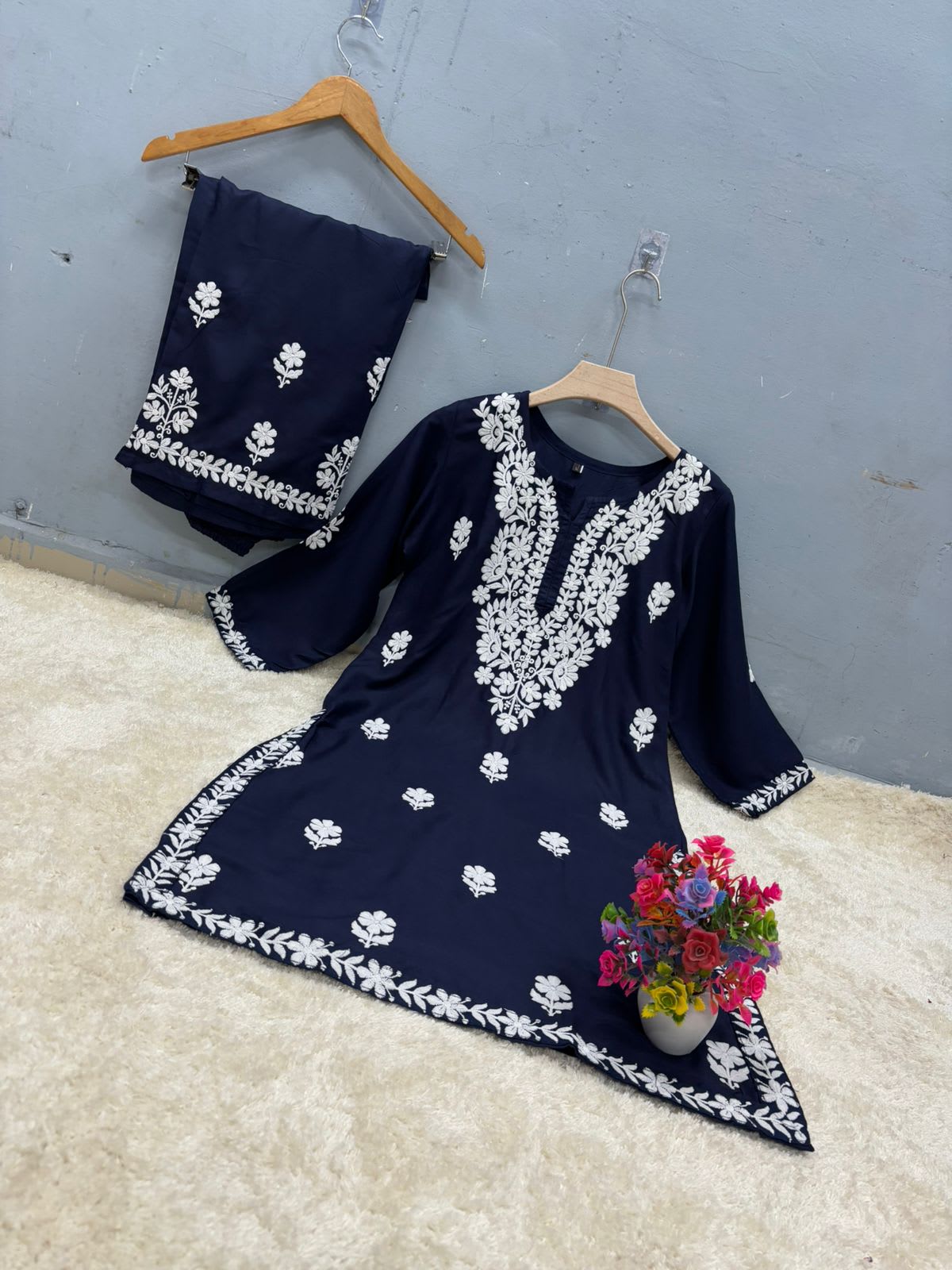 Nevy Blue Rayon Cotton Chikankari Kurta Palazzo Set  For Women