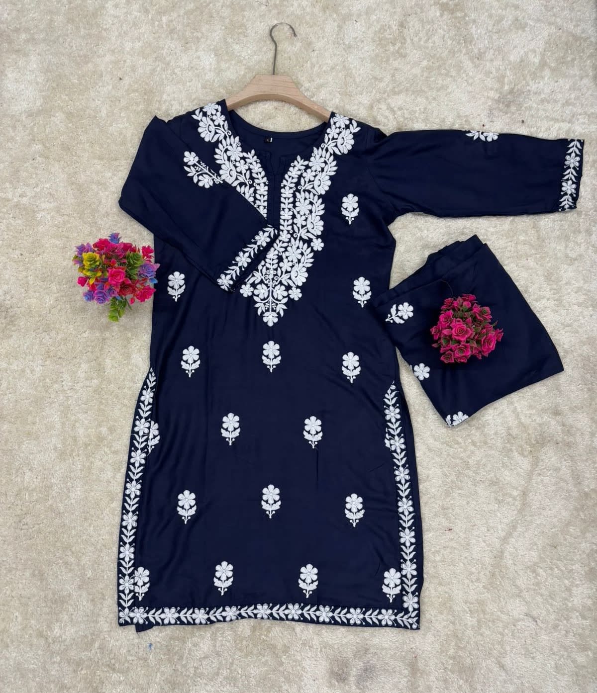 Nevy Blue Rayon Cotton Chikankari Kurta Palazzo Set  For Women