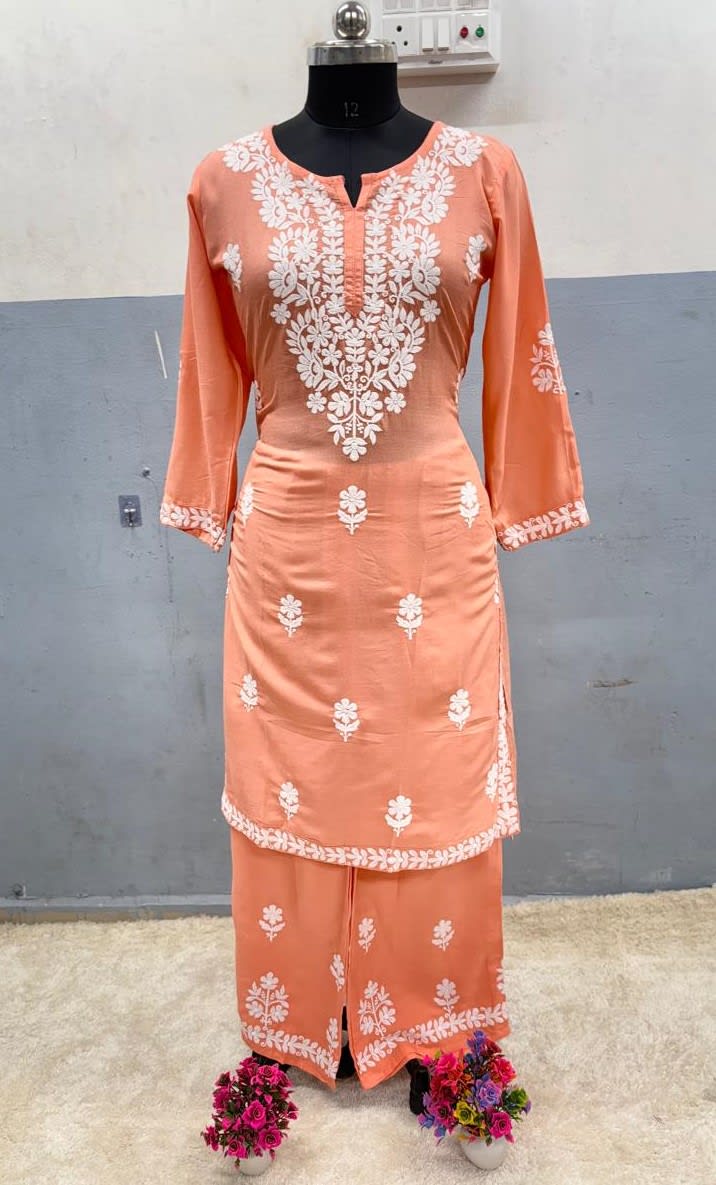 Peach Rayon Cotton Chikankari Kurta Palazzo Set  For Women