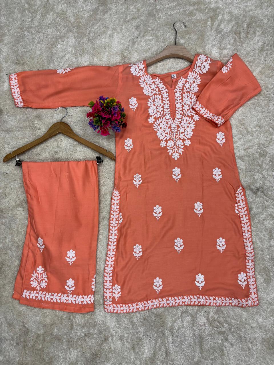 Peach Rayon Cotton Chikankari Kurta Palazzo Set  For Women