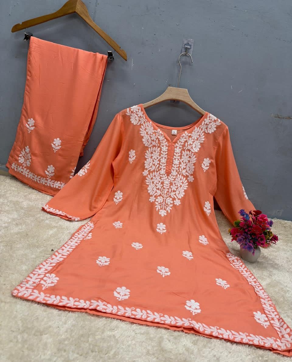 Peach Rayon Cotton Chikankari Kurta Palazzo Set  For Women