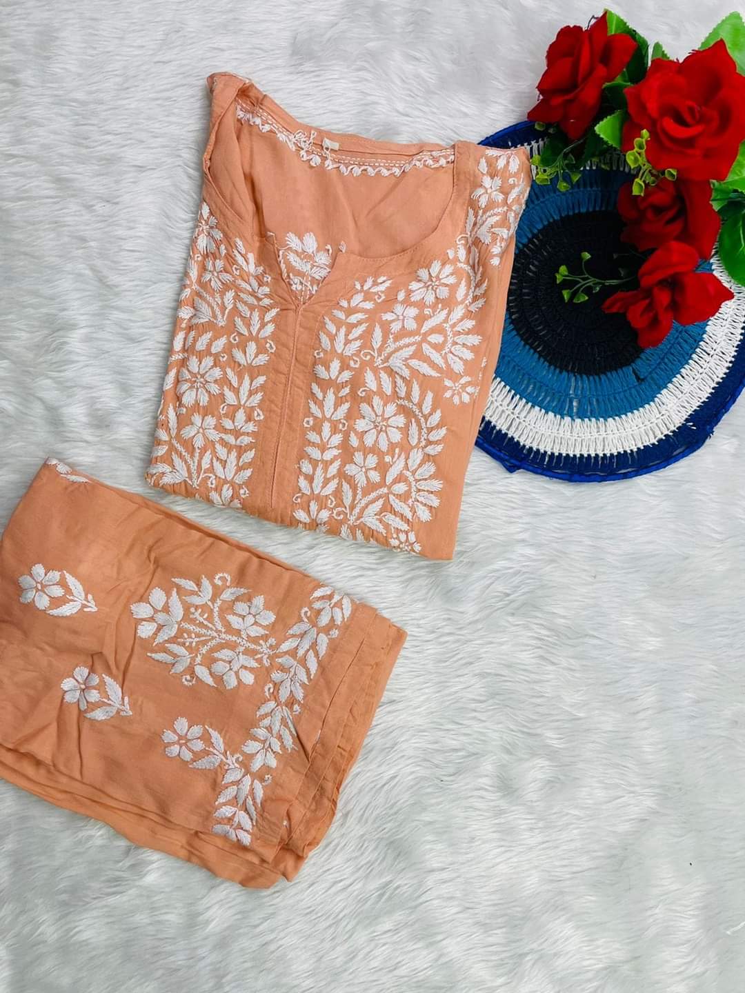 Peach Rayon Cotton Chikankari Kurta Palazzo Set  For Women