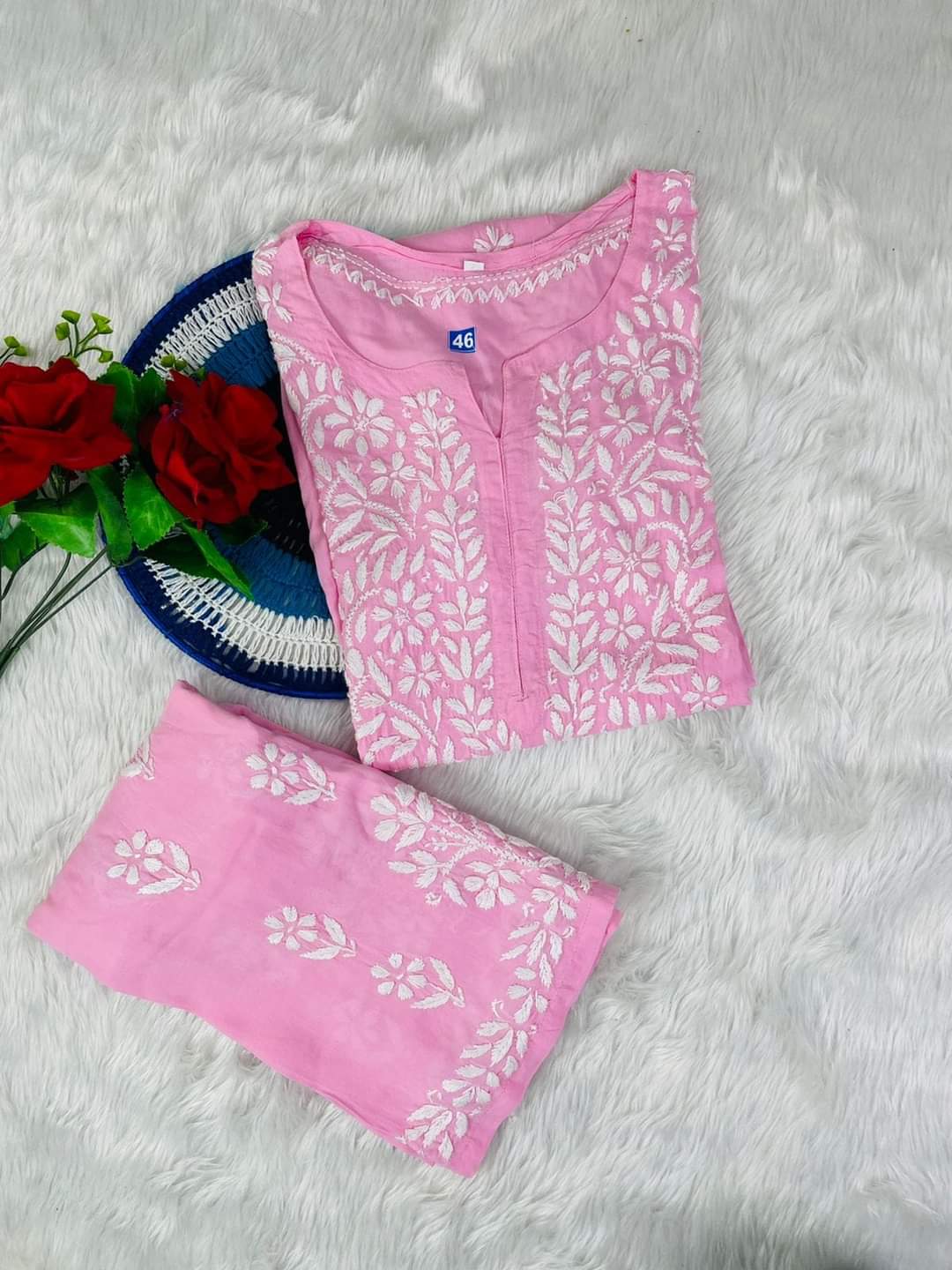 Pink Rayon Cotton Chikankari Kurta Palazzo Set  For Women