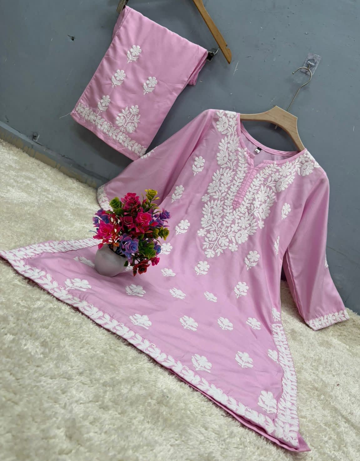 Pink Rayon Cotton Chikankari Kurta Palazzo Set  For Women