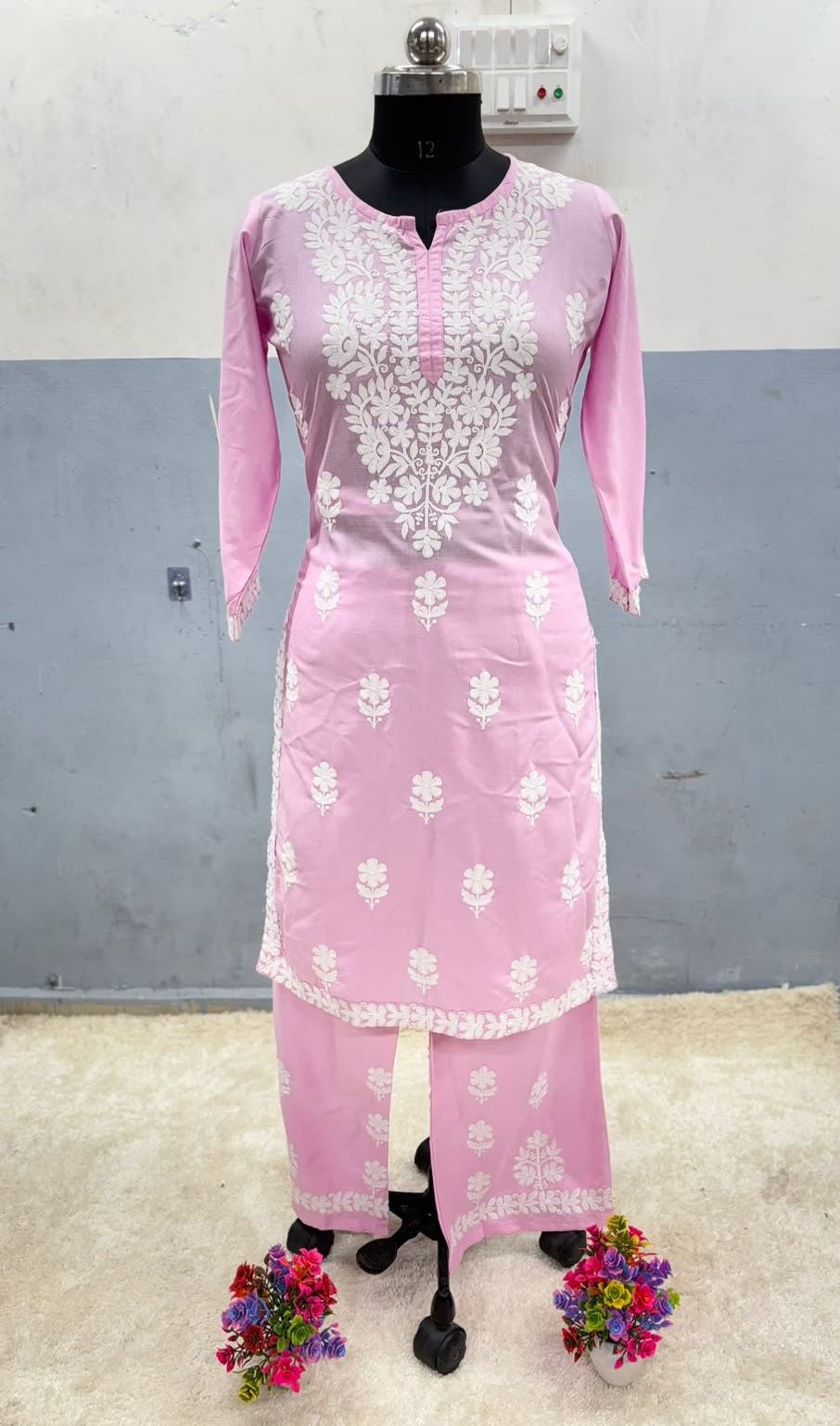 Pink Rayon Cotton Chikankari Kurta Palazzo Set  For Women