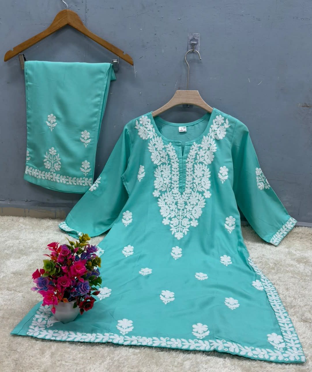 Pool Rayon Cotton Chikankari Kurta Palazzo Set  For Women