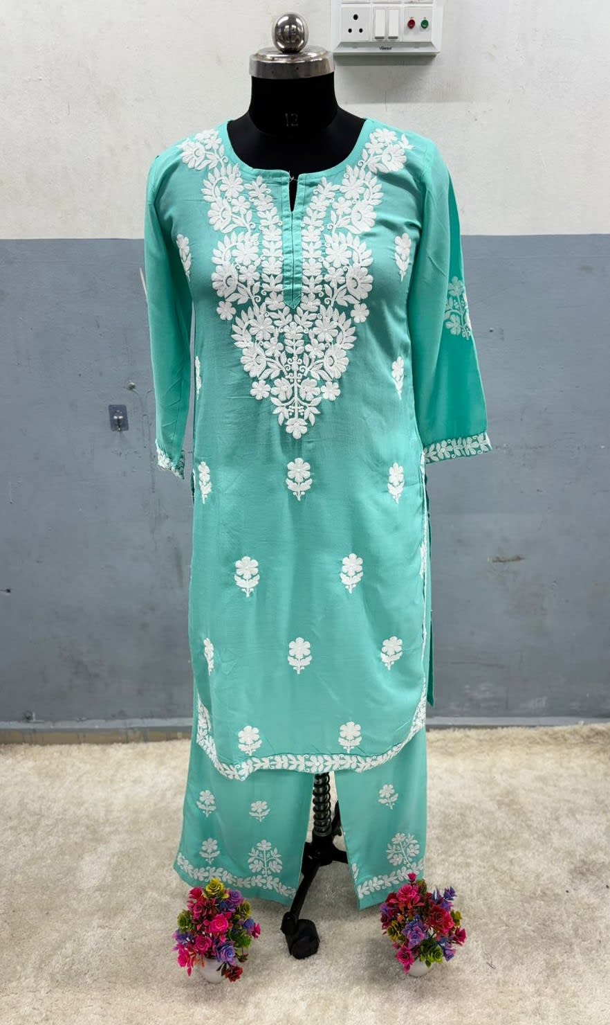 Pool Rayon Cotton Chikankari Kurta Palazzo Set  For Women