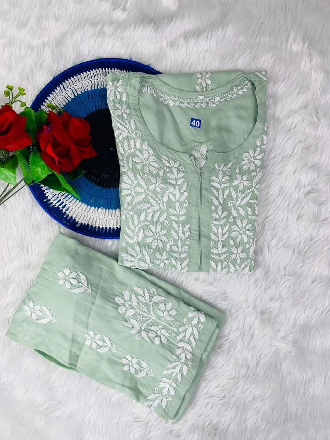 Pool Rayon Cotton Chikankari Kurta Palazzo Set  For Women